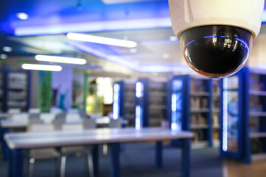 Indoor CCTV monitoring, security cameras in a school library