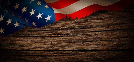 Old American flag on wooden background