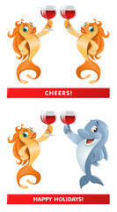 A pair of goldfish and a dolphin giving a toast. Cheers! Happy Holidays!
