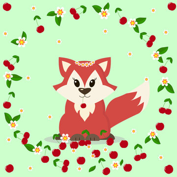 Illustration of a fox in a cartoon style that sits in a circle of flowers and cherries.