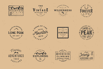 Set of mountain expedition badges, adventure labels.