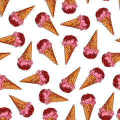 Cute seamless pattern made of hand drawn ice creams. Pretty birthday or valentine pattern.