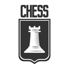 Chess club vector icon template of rook castle chessman on heraldic shield