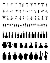 Silhouettes of bowls, bottles, glasses and corkscrew on a white background