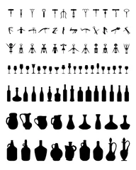 Fotobehang Silhouettes of bowls, bottles, glasses and corkscrew on a white background © KatarinaF