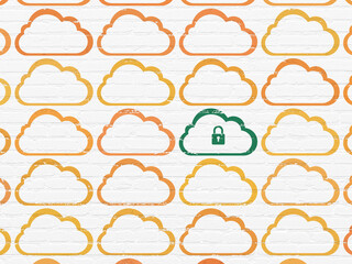 Cloud technology concept: cloud with padlock icon on wall background