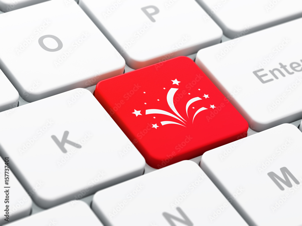 Poster entertainment, concept: fireworks on computer keyboard background