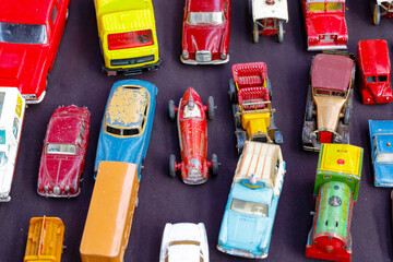 Old toy cars displayed at a junk shop at Old Spitalfields Market in London