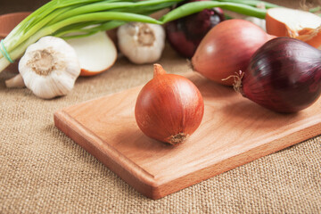  Various onions on a board on a background sacking, burlap. Copy space. Space for text.