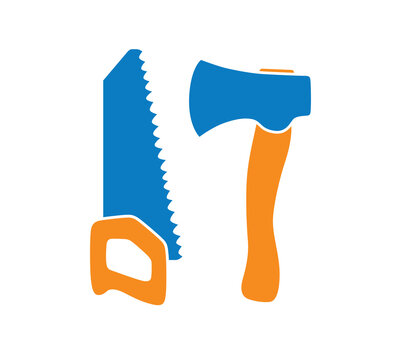 Axe and hand saw, woodwork tools icon isolated