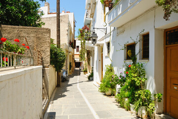 Narrow street in city of Rethymno, Crete, Greece