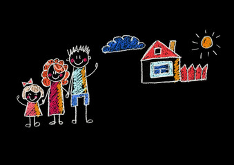 Kids drawing Happy family Mother, father, sister, brother Happy mom and dad with son and daughter Family house Children illustration with happy couple, kids, parents, house Home for my family Chalk