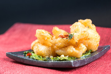 Thai food fried squid on a plate