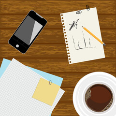 Coffee, notebook and phone on wooden table, vector illustration.