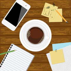 Coffee, notebook and phone on wooden table, vector illustration.