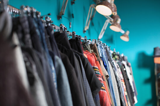 Rack of female clothes in cool shop