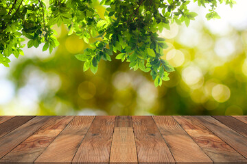 Brown wood table and green leaves hanging with nature bokeh in background.