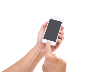 Man hand holding mobile phone isolated on white background. clipping path