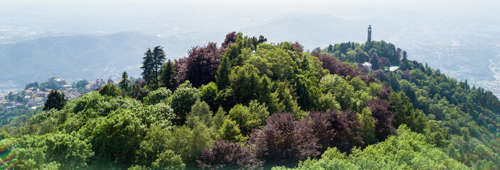 Vista aerea del faro Voltiano di Brunate e lago di Como, alberi e verde. Lombardia, Italia © Naeblys