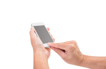 Man hand holding mobile phone isolated on white background. clipping path
