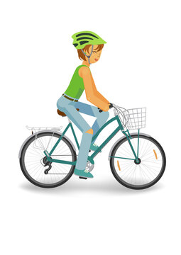 Woman in helmet driving a bike. Blue bicycle with basket. Flat illustration isolated on white background