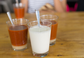 Hot fresh milk and milk tea on the table, Thai culture
