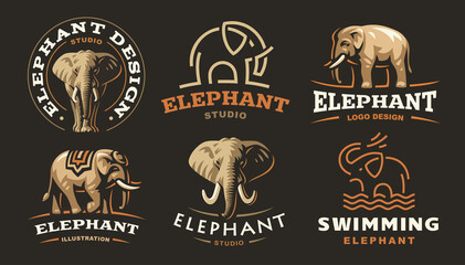 Set elephant logo - vector illustration, emblem design on dark background