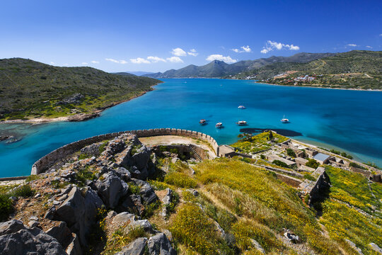 Historical site of Spinalonga island on a sunny spring day, Crete, Greece. 
