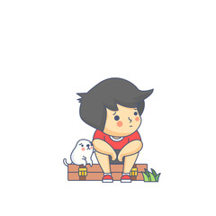 Boy and the Dog Waiting Character Vector Illustration