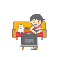 Boy and the Dog Watching Television Character Vector Illustration
