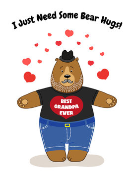 Cute Father's Day card with Grandpa Bear waiting for hugs