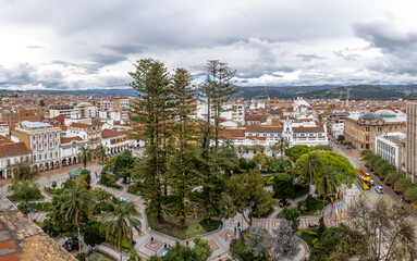 Aerial view of Cuenca city and Park Calderon - Cuenca, Ecuador