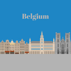 City sights. Brussels architecture landmark. Belgium country flat travel elements. Famous square Grand place with Town Hall. Cathedral of St. Michael and St. Gudula