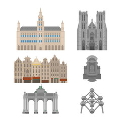 City sights. Brussels architecture landmark. Belgium country flat travel elements. Famous square Grand place with Town Hall. Cathedral of St. Michael and St. Gudula. Triumphal arch. Statue of a