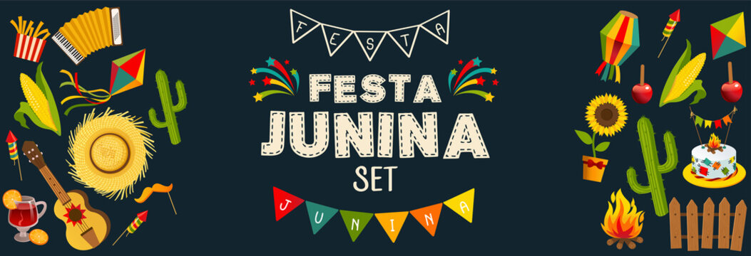 Festa junina horizontal background with decorative frame consisting of traditional celebration symbols flat vector illustration