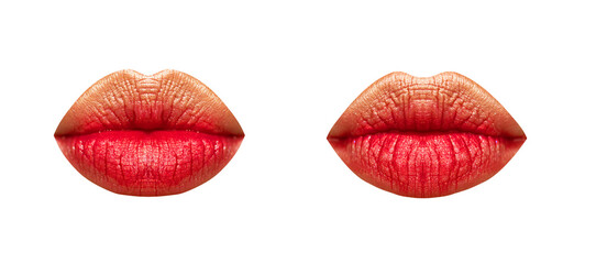 Red lips ideal form, set of two women mouths, lipstick on sexy lip kiss. Cosmetics for women. Lips for advertising isolated white background. Sexy Kiss. Girl mouths close up with red lipstick makeup 