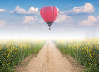 Red hot air balloon over dirt road with yellow flower field