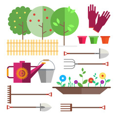 Fruit garden, fence. Seedlings flowers, shoots, sprouts. Gardening tool 