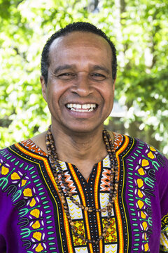 Portrait of laughing man wearing traditional Brazilian clothing