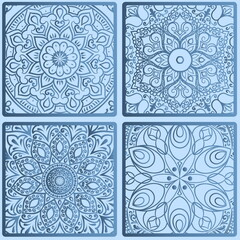 Colorful floral seamless pattern from squares with mandala in patchwork boho chic style, in portuguese and moroccan motif