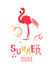 Summer festive card with cartoon letters, confetti and flamingo on white background. Flat design. Vector poster.