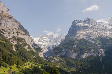 Fototapeta premium Grindelwald, Dorf, Eiger, Eigernordwand, Schreckhorn, Pfingstegg, Grindelwaldgletscher, Wanderweg, Alpen, Schweizer Berge, Frühling, Sommer, Schweiz