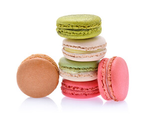 Sweet and colourful french macaroons or macaron on white background, Dessert.