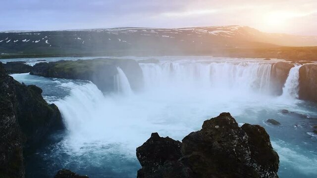 Godafoss, 12 meters high but one of the best known and most beautiful waterfalls in Iceland at sunset