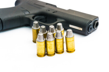 .45 Pistol with full lead jacket, 11mm gun isolated on white background