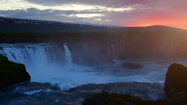 Godafoss, 12 meters high but one of the best known and most beautiful waterfalls in Iceland at sunset