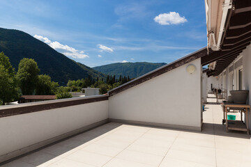 Balcony with mountain view, summer - obrazy, fototapety, plakaty