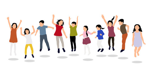 Happy children jumping up, concept of childhood, joy, fun, flat style, isometric people
