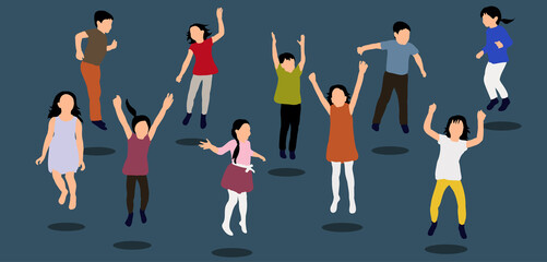happy children jumping, icons, concept of childhood, friendship, flat style, isometric people
