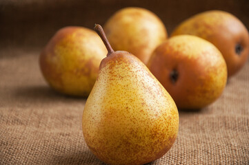 Juicy ripe pear close-up, against the background of burlap, sacking Copy space. Space for text.